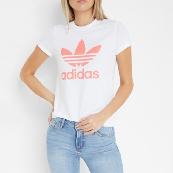 adidas Tops - Adidas trefoil tee t-shirt white neon coral logo